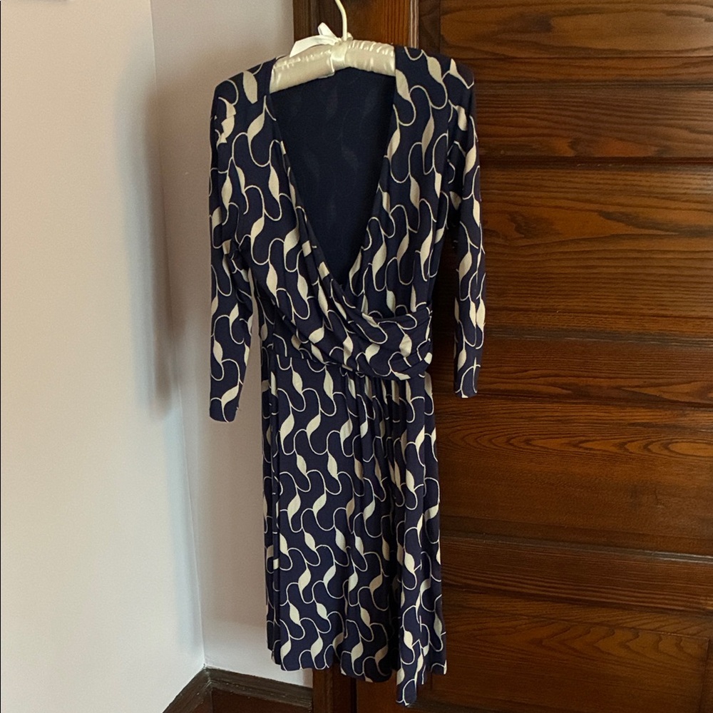 Boden Navy and Cream Wave-Print Wrap Dress